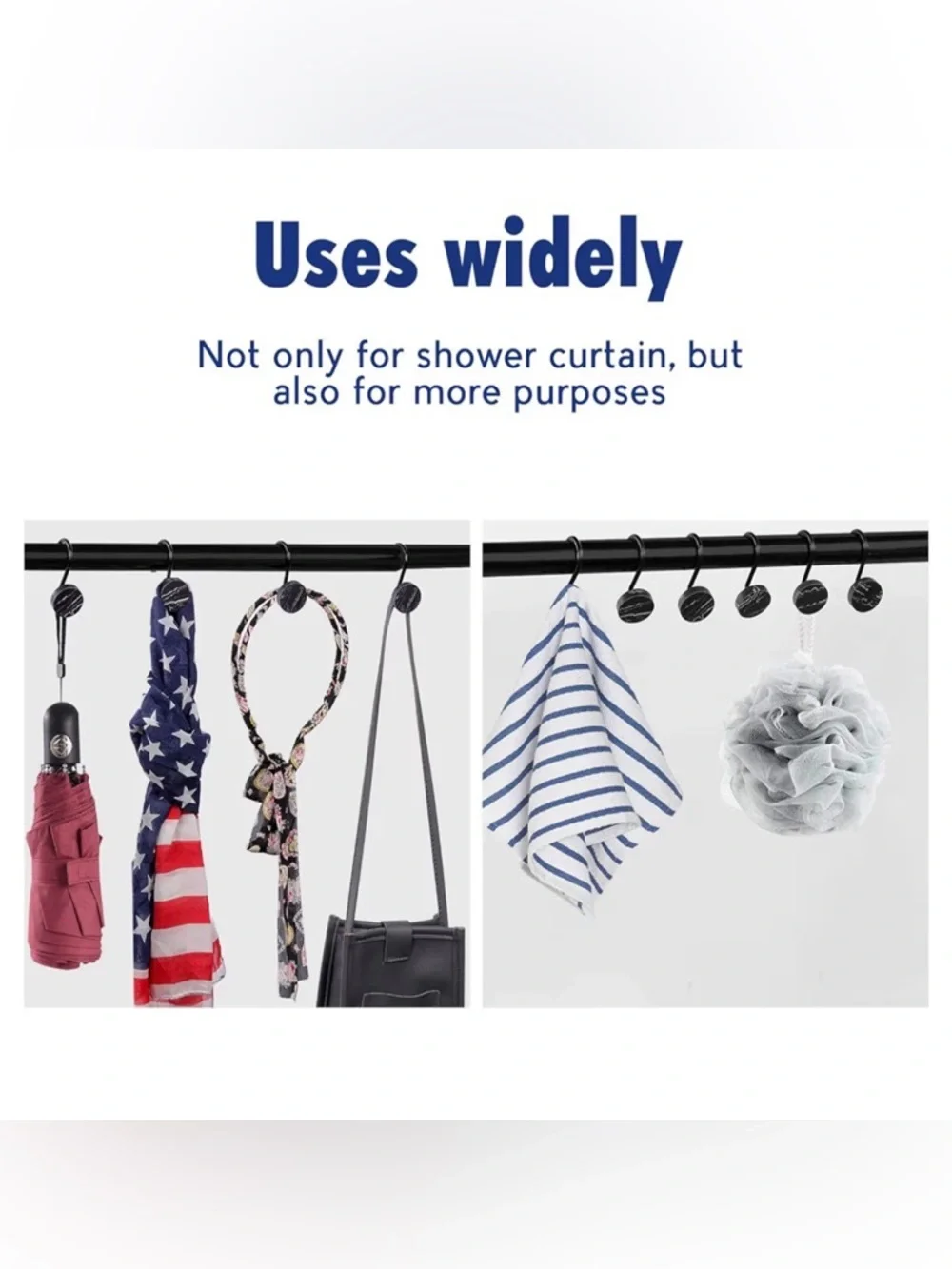Shower Curtain Hooks- Black Marble Look- Set of 12